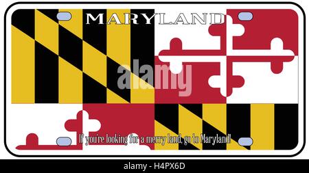 Maryland state license plate in the colors of the state flag with the flag icons over a white background Stock Vector