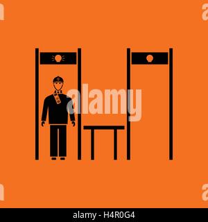 Stadium metal detector frame with inspecting fan icon. Orange background with black. Vector illustration. Stock Vector