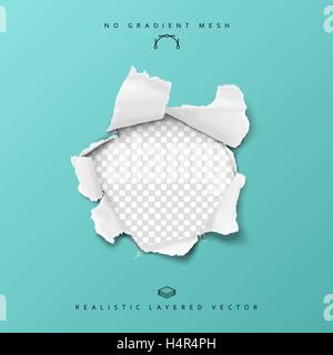 Torn paper realistic, hole in the sheet of papers on a transparent background. Stock Vector