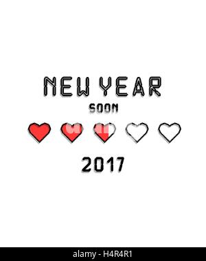 New Year 2017 inscription greeting cards in style pixel art with red hearts and empty Stock Vector