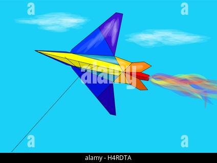 kite flying. multicolor toy flying in blue sky Stock Vector