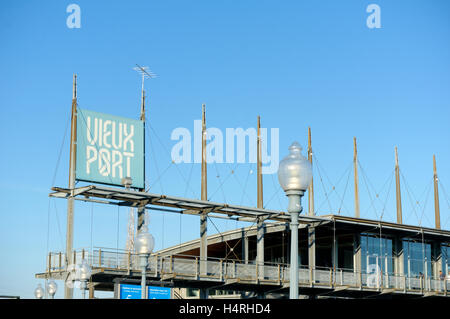 Vieux Port sign and Jacques Cartier Pavilion in the Old Port of Montreal, Montreal, Quebec, Canada Stock Photo