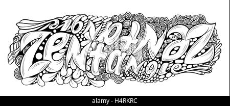 Vector monochrome hand drawn zentagle text illustration. Mirrored intricate lettering. Title for coloring zentangle page with high details isolated on white background. Stock Vector