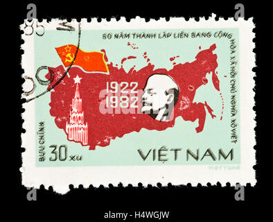 Postage stamp from Vietnam depicting Lenin and a map of the Soviet Union, 60'th anniversary of its founding. Stock Photo