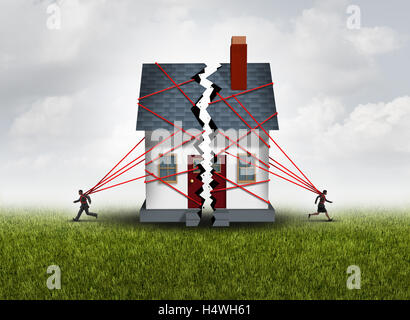 Broken family after a bitter divorce settlement and separation with a couple in a bad relationship breaking a house apart showing the concept of a marriage dispute and dividing assets with 3D illustration elements. Stock Photo