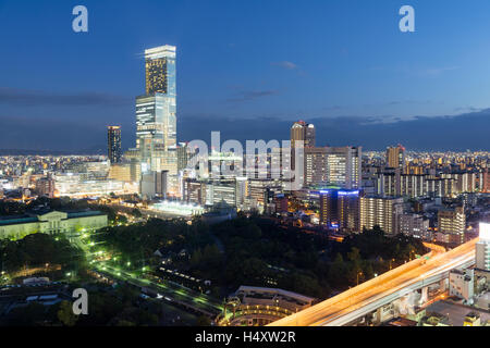 Osaka, Japan - November 28 2015: Osaka Skyline. Abeno Harukas the tallest building in Osaka is visible in the distance. Stock Photo