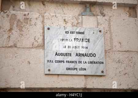 Memorial plaque to resistance fighter Auguste Arnaudo in Vieux Nice Stock Photo