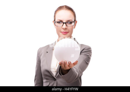 Woman holding crystall ball isolated on white Stock Photo