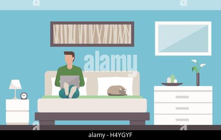 Man relaxing on the bed, he is connecting with a laptop, his cat is sleeping next to him Stock Vector