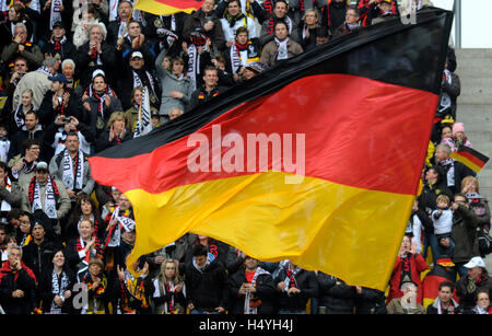 Large Gerymany flag and fans, international football friendly match, Germany 3 Malta 0, Tivoli stadium, Aachen Stock Photo