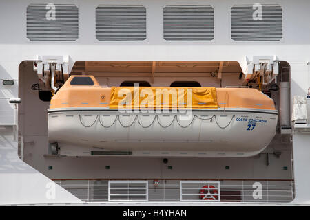 Lifeboat on the cruise liner Costa Concordia in the harbour of Savona, Italian Riviera, Liguria, Italy, Europe Stock Photo