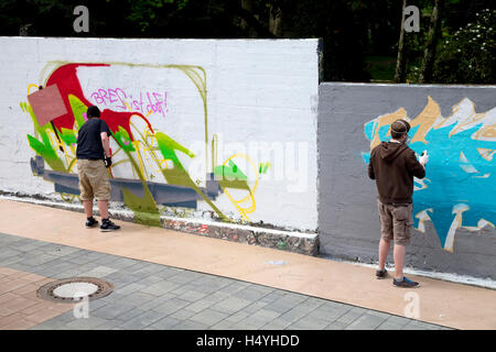 Graffiti artists at the Wall of Fame, wall covered in graffiti, Streetlifeday, Local Heroes Week Ruhr 2010, Unna, Ruhr Area Stock Photo