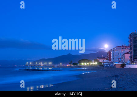 Moon over Pietra Ligure, blue hour, coast, Riviera, Liguria, Italy, Europe Stock Photo