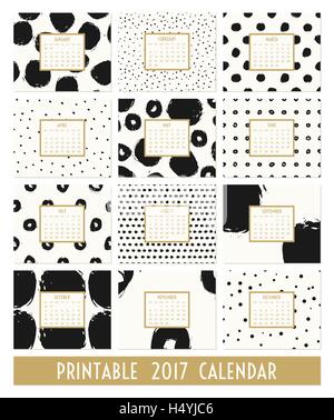 Twelve month 2017 calendar template. Hand drawn round brush strokes and doodles in black, gold and cream. Stock Vector