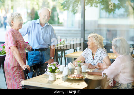 Carefree seniors having nice time in cafe Stock Photo