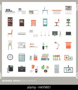 Business office icons set: objects, furnishings, decorations and electronics Stock Vector