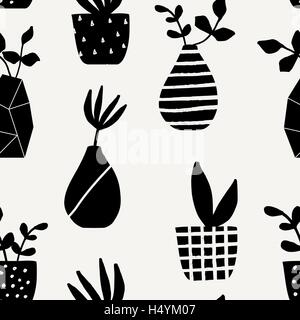 Seamless repeating pattern with vases and pots in black on cream background. Cute and modern Scandinavian style illustration. Stock Vector