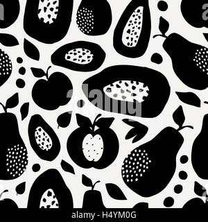 Seamless repeating pattern with apples, pears and papaya in black on cream background. Retro style tiling wrapping paper. Stock Vector