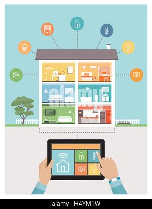 Smart house system control and mobile app on a tablet, contemporary house with  rooms and icons set on the background Stock Vector