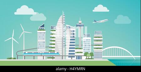 Futuristic green city with wind turbines, skyscrapers and monorail, sustainability and innovation concept Stock Vector