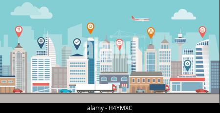 City skyline, street and location pins: urban lifestyle and navigation concept Stock Vector