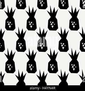 Seamless repeating pattern with pineapples in black on cream background. Modern textile, greeting card, poster, wrapping paper. Stock Vector