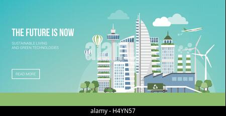 Futuristic green city with wind turbines and skyscrapers, sustainability and innovation concept Stock Vector
