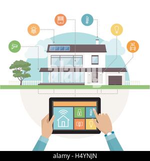 Smart house system control and mobile app on a tablet, contemporary house with icons set on the background Stock Vector