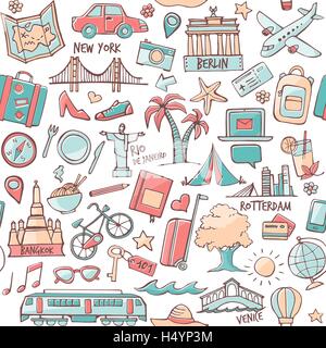 Tourism and travel seamless hand drawn pattern with travel destinations Stock Vector