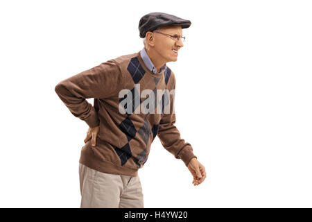 Elderly man experiencing back pain isolated on white background Stock Photo
