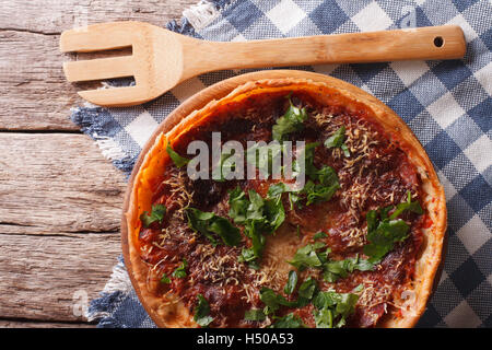 Chicago deep dish pizza closeup. horizontal view from above Stock Photo