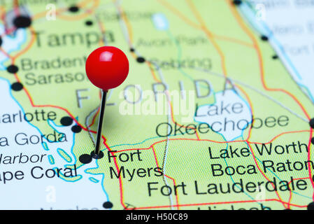 Fort Myers pinned on a map of Florida, USA Stock Photo