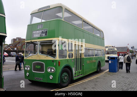 Hants & Dorset (now More Bus) celebrates its 100th anniversary on Poole Quay with a display of vintage buses and coaches Stock Photo