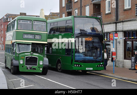 Hants & Dorset (now More Bus) celebrates its 100th anniversary on Poole Quay with a display of vintage buses and coaches Stock Photo