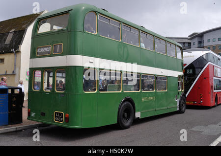 Hants & Dorset (now More Bus) celebrates its 100th anniversary on Poole Quay with a display of vintage buses and coaches Stock Photo