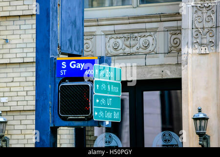 South Gay Street sign and multiple tourist attraction signs in KNoxville, TN Stock Photo