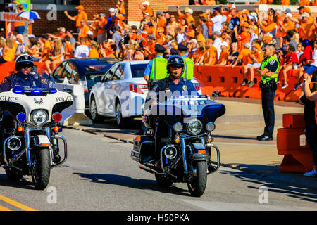 Police motorcycle escort for the Pride of Southland University of Tennessee marching band at Neyland Stadium, Knoxville, TN Stock Photo