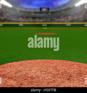 Baseball stadium full of fans in the stands with copy space. Deliberate focus on foreground infield dirt clay with shallow depth Stock Photo