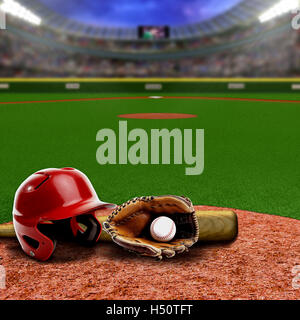 Baseball stadium full of fans in the stands with baseball helmet, bat, glove and ball on infield dirt clay. Deliberate focus on Stock Photo