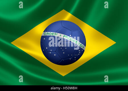 3D rendering of a satin textured Brazilian flag with a soccer ball in the middle depicting a starry sky spanned by a curved band Stock Photo