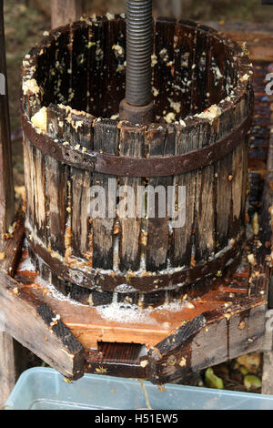 Cider press: the old traditional way of making apple cider Stock Photo