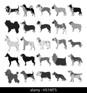 Set of dog breeds in dark colors. Beagle and boxer, bulldog and doberman,  illustration