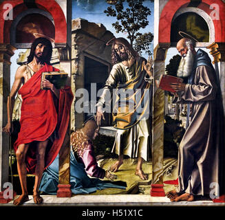The Risen Christ with Mary Magdalene and Saint John the Baptist and Hieronymus Bartolomeo  1492 by Montagna 1450 - 1523 Vicenza painter15th Century Italy Italian Stock Photo