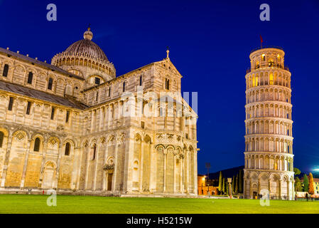 The Leaning Tower of Pisa and the Cathedral in the evening Stock Photo