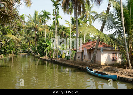 India, Coco trees reflection and beautifoull house boat at back waters of Kerala Stock Photo