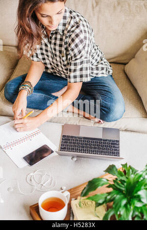Woman with long brown hair sitting on a sofa with a laptop computer and notebook, working. Stock Photo
