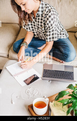 Woman with long brown hair sitting on a sofa with a laptop computer and notebook, working. Stock Photo