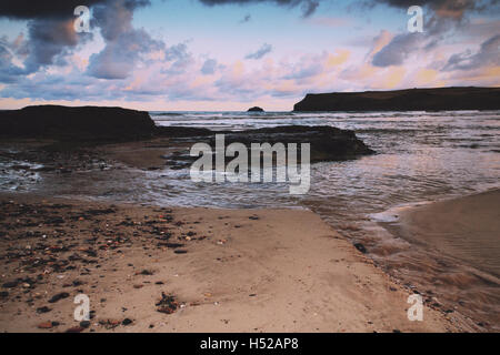 Early morning view of the beach at Polzeath, England Vintage Retro ...