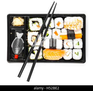 sushi menu in black transport box close up isolated on white background