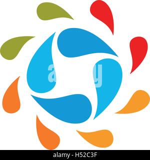 Isolated abstract colorful water drops circle logo. Liquid circulation logotype. Kids art school icon, Round shape spining paint sign. Natural process of renewal symbol. Vector drops illustration. Stock Vector